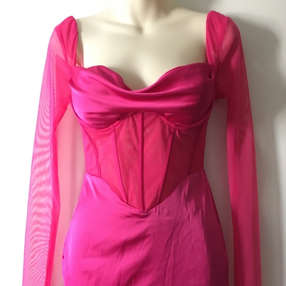 NWT OH POLLY Lorient Pink Satin Corset Push Up Satin + Mesh Sleeve Dress 2 - Picture 7 of 12